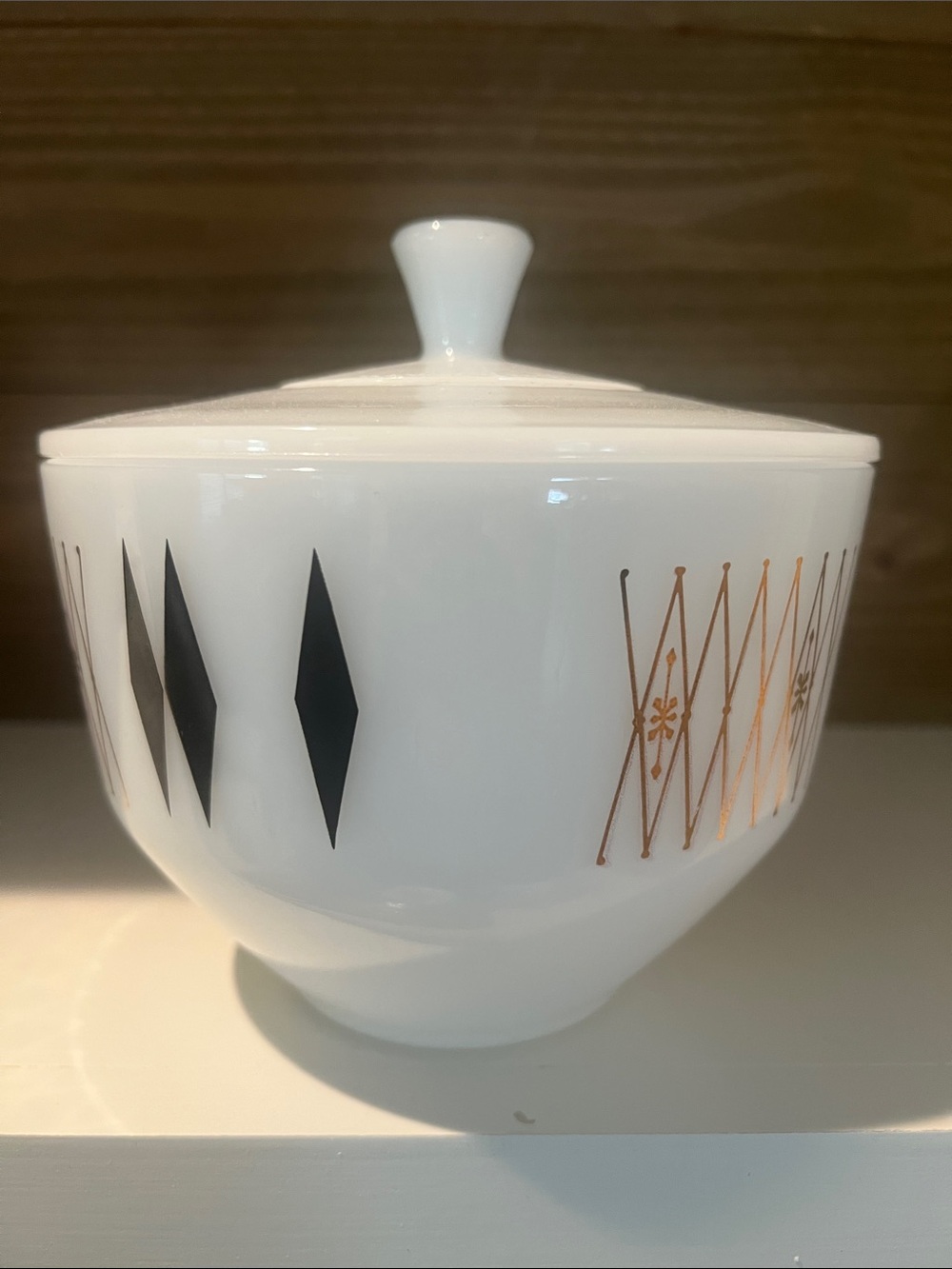 Antique Vintage Mid Century Modern Federal Glass Atomic Harlequin Covered Dish